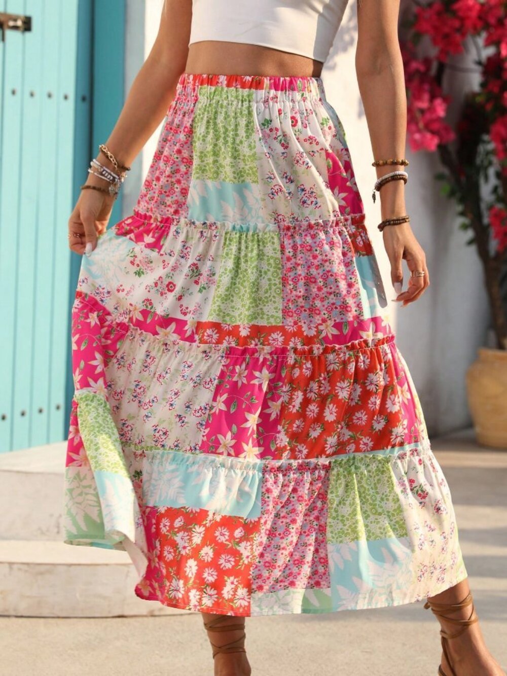 Multicolor boho Casual Women's Colorblock Floral Print Ruffle Hem maxi Skirt - Picture 6 of 10